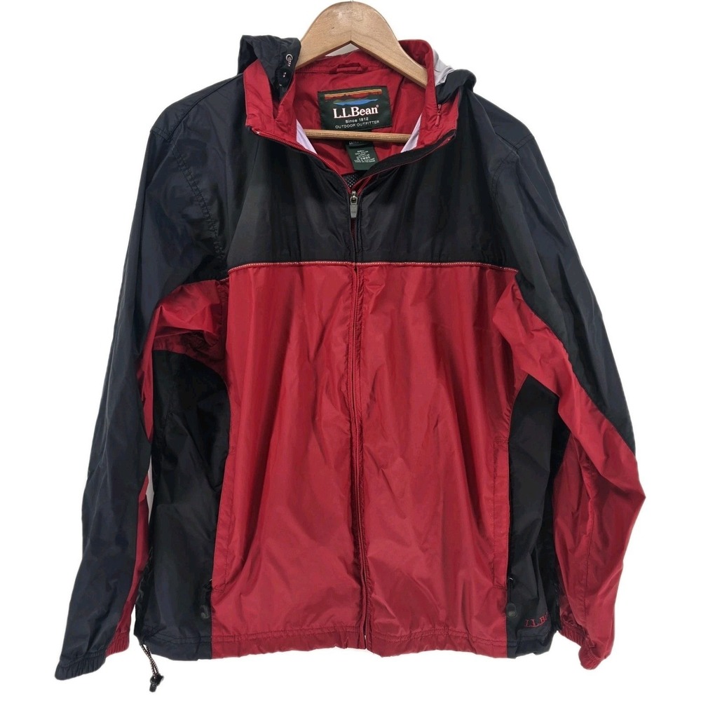 LL Bean Windbreaker Jacket Womens XL Red Black Colorblock Hooded Full Zip OXW85